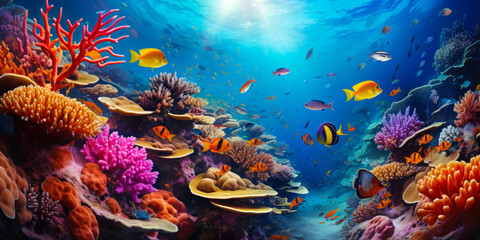 Naklejka na ściany i meble Coral Kingdom: Captivating Underwater Landscape with Colorful Marine Life