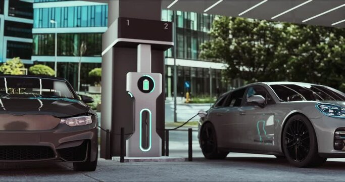 Charge station for electric cars. Electric cars at charging station