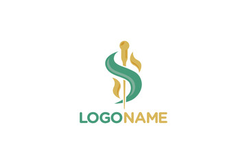 Creative logo design depicting acupuncture needle surrounded by green leaves, designated to the fashion or apparel industry.