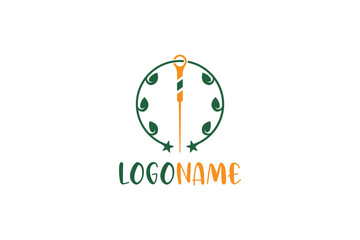Creative logo design depicting acupuncture needle surrounded by green leaves, designated to the fashion or apparel industry.