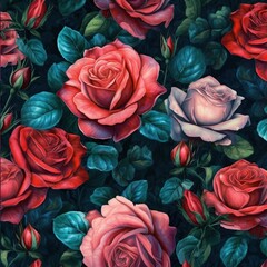 Illustration of watercolor  painted  floral pattern with red roses. Generative AI