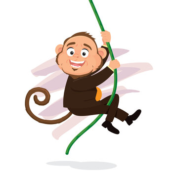 Funny Cheerful Gesture Monkey Businessman Having Fun On Rope Swing. Vector Illustration Cartoon EPS Images.