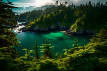 Landscape of Tofino covered in greenery surrounded by the sea in the Vancouver Islands, Canada
