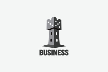 Creative logo design depicting a tower with a dice on top, designated for the gaming industry.	