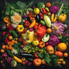 Collage of fresh farm grown organic vegetables and fruits. Vegetables and fruits in vibrant colors. Black background. Wide variety of vegetables, super healthy.. Raw vegetables. Generative AI