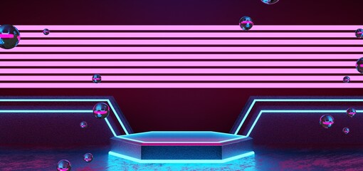 futuristic gaming esports background abstract wallpaper, cyberpunk style scifi game, stage concert scene in pedestal display room, led neon glow light, 3d illustration rendering