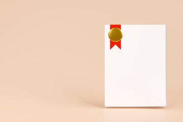 Blank diploma with gold medal ribbon or certificate on the background. with copy space. 3D rendering