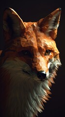 Portrait of majestic forest fox. Red fox head. Foxr looking to the side. Low poly style. Fon on the black background. Generative AI