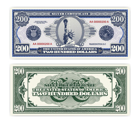 Vector blue banknote obverse and green reverse silver certificate of 200 US dollars. Oval, liberty and guilloche frame. American paper fictional money.