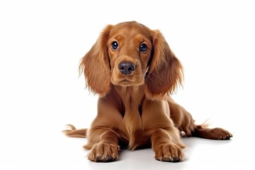 Adorable English Cocker Spaniel Dog Playing on White Background. Beautiful Brown Canino of Cute Breed in Action, Concept of Motion and Fun: Generative AI