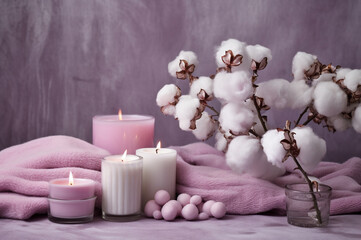 Obraz na płótnie Canvas Pink spa set with bath bombs, candles and cotton flowers. Generative ai