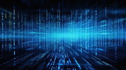 Fototapeta na wymiar Blue Binary Data on Computer Screen. Cyber Code and Coding Communication in Digital Cyberspace: Generative AI