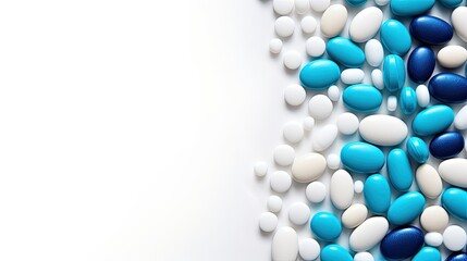 Blue Medication Capsules on White Background: Pill and Antibiotic Prescription Drugs for Painkiller Treatment. Web Banner with Panorama Copy Space. Generative AI