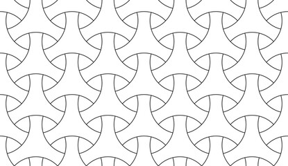 Seamless surface pattern design with traditional japanese ornament. Three pronged blocks tessellation. Repeated white interlocking figures on black background. Bishamon armor motif. Sashiko embroidery