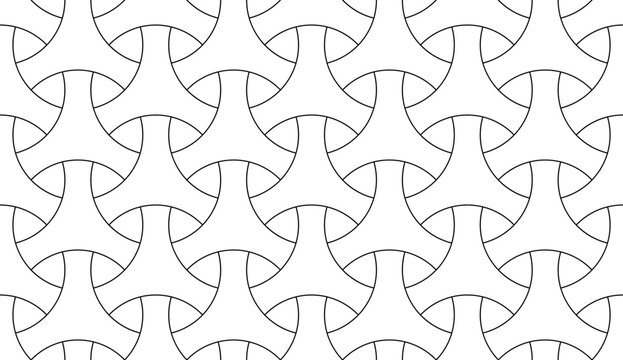 Seamless surface pattern design with traditional japanese ornament. Three pronged blocks tessellation. Repeated white interlocking figures on black background. Bishamon armor motif. Sashiko embroidery