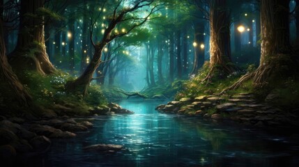 Fototapeta na wymiar Sparkling rivers cascade through emerald forests, where mischievous fairies dance beneath moonlit skies. Generative AI