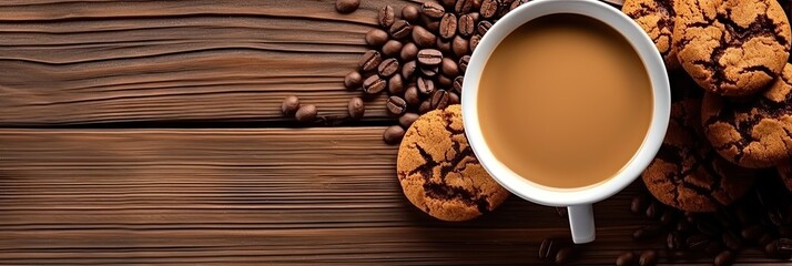 Top view. Close up of hot chocolate in cup, coffee beans and freshly baked cookies on brown wooden table for breakfast