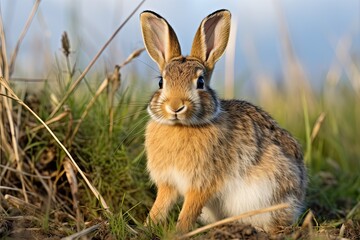 Fototapeta premium Closeup Image of Wild Rabbit Sitting on Grass. Cute Mammal with Dominant Ear Feature. Perfect for Easter and Animal Themed Designs: Generative AI