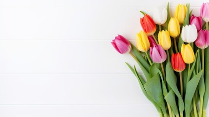 Bouquet of tulips Isolated on White Background. Perfect for Mother's Day or Valentine's Day. Top View Flat Lay with Copy Space
