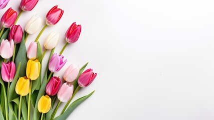 Fototapeta na wymiar Colorful Spring Flower Bouquet Composition. Mothers and Women's Day Concept with Isolated Tulips on White Background. Top View, Flat Lay with Copy Space: Generative AI
