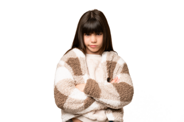 Little girl over isolated green chroma key background with unhappy expression