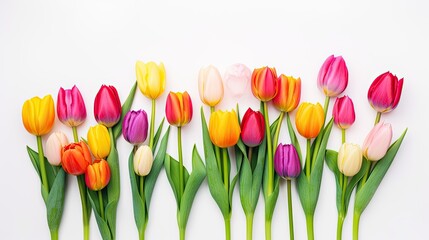 Colorful Spring Flowers Bouquet. Beautiful Composition of Tulips for Mother's Day & Women's Day Concept on White Background with Copy Space. Generative AI