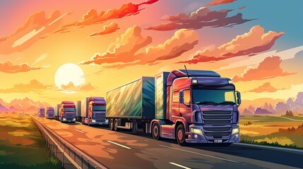 Convey of Trucks on Country Highway for Transportation and Cargo Delivery