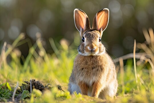Closeup Image of Wild Rabbit Sitting on Grass. Cute Mammal with Easter Ears in the Wild. Generative AI