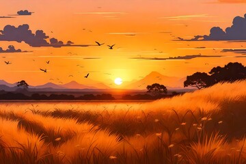 Obraz na płótnie Canvas the golden light illuminating swaying grasses, while birds soar through the sky