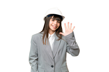 Little girl playing as a architect with helmet and holding blueprints over isolated background counting five with fingers