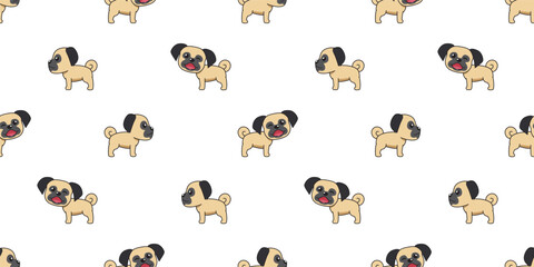 Vector cartoon cute pug dog seamless pattern background for design.