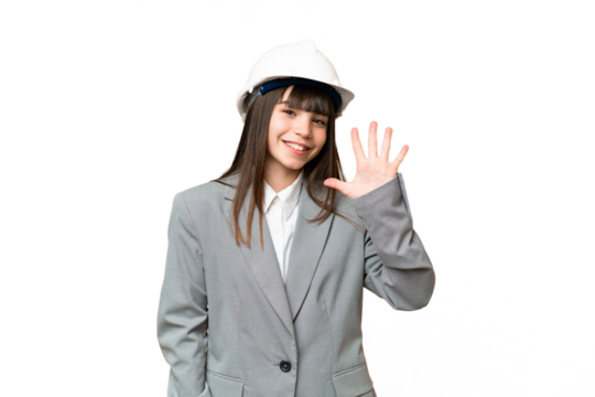 Little girl playing as a architect with helmet and holding blueprints over isolated background counting five with fingers