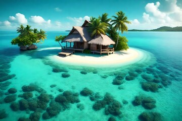 Tiny tropical island with hut and palms surrounded sea blue water - obrazy, fototapety, plakaty