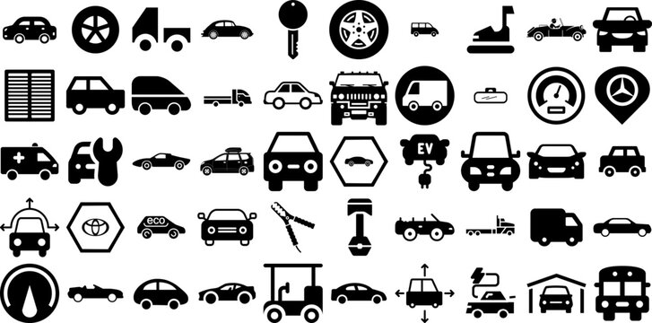 Mega Set Of Automobile Icons Collection In Trendy Solid Filled Isolated Style. Automobile, Transport, Vehicle, Auto, Transportation, Car, Icon Big Set Icons Collection Vector Illustration