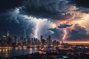 Naklejka na ściany i meble A lightning storm hits over the city in white light.