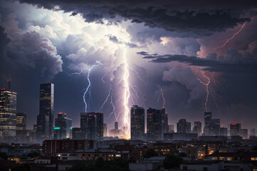 A lightning storm hits over the city in white light.

