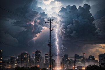 A lightning storm hits over the city in white light.

