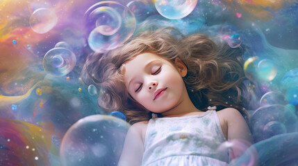 Sleeping Princess Surrounded by Clouds and Bubbles. Created using generative AI tools - obrazy, fototapety, plakaty