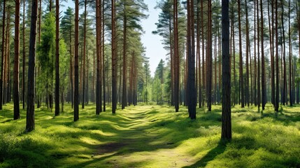 Fototapeta premium Forest Panorama in Estonia. Pine Trees, Greenery, and Hiking Trail in Dense Timberland Preserve of North. Generative AI