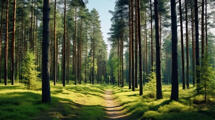 Fototapeta na wymiar Forest Panorama in Estonia: A Summer Hiking Trail through Dense Pine Trees and Green Preserve: Generative AI