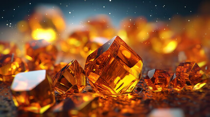 Amazing bright and shiny Amber crystal cluster background. Jewel mineral detailed macro. Generative AI