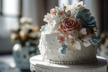 Beautiful white wedding cake decorated with white, red, blue sugar mastic flowers. Beautiful delicious white cake in a restaurant. Wedding cake for a new life, newlyweds and their guests  