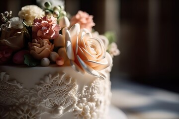 Beautiful pastel pink, cream baptism, wedding, birthday celebration cake decorated with pink  sugar mastic flowers. Beautiful delicious  cake in a restaurant.  - obrazy, fototapety, plakaty