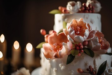 Beautiful pastel pink, cream baptism, wedding, birthday celebration cake decorated with pink  sugar mastic flowers. Beautiful delicious  cake in a restaurant. 