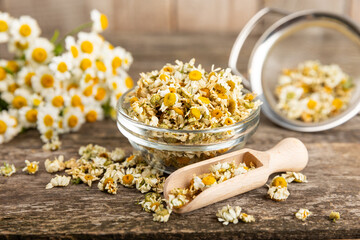Dried chamomile tea in a bowl on a texture table.dry chamomile. Chamomile tea. flat lay. Composition with a bouquet and chamomile inflorescences in a mortar. Herbal drink. Soothing and tonic tea. 