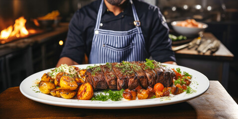 Plate of Grilled beef Steak serving hand, chef in background, kitchen , Generative Ai