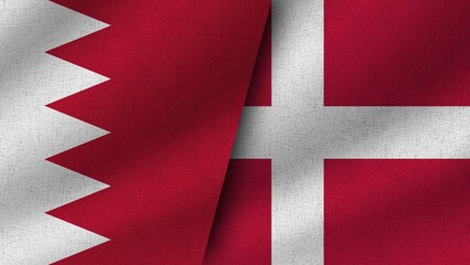 Denmark and Bahrain Realistic Two Flags Together, 3D Illustration