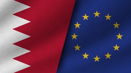 European Union and Bahrain Realistic Two Flags Together, 3D Illustration