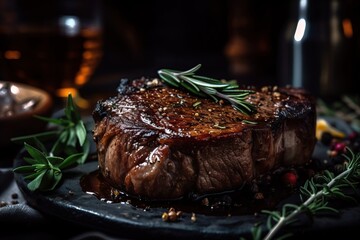 Gourmet Grill Restaurant Steak Menu.  Beef Steak on black pad, dark background. Black Beef Steak. Deliciious fried steak at dinner. Generative AI
