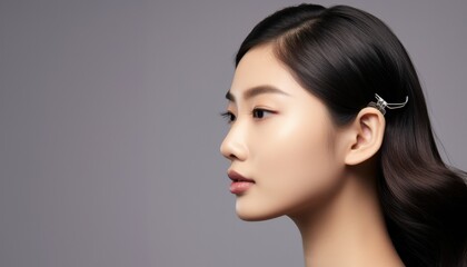 Fototapeta premium Beautiful asian woman, fresh skin, isolated on clean studio background, Facial treatment, Asian women portrait , Generative Ai